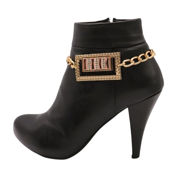 Women Gold Metal Boot Chain Bracelet Bling Shoe Square Charm Fashion Jewelry SET - Picture 17 of 17